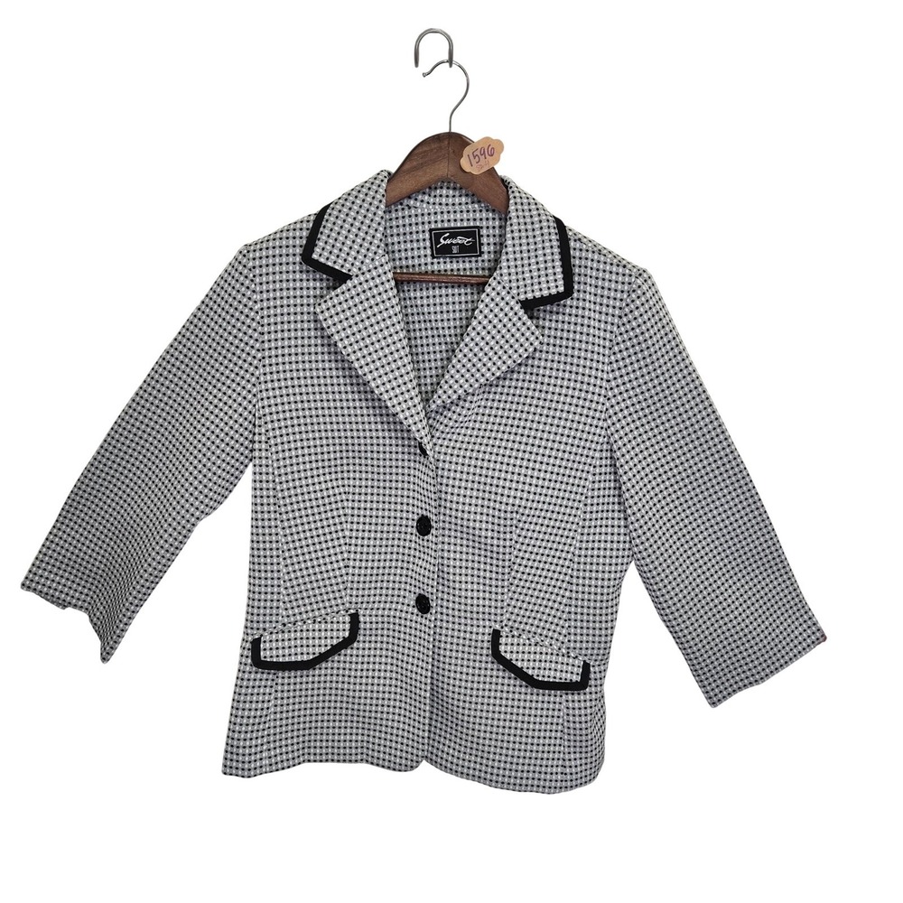 Sweet Suit Womens Black White Polka Dot Textured Blazer Jacket Size S 3/4 Sleeve